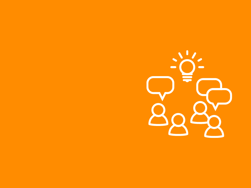 A white graphic of people with speech bubbles over their heads on an orange background. A lightbulb sits above the group.